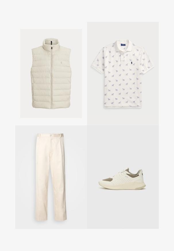 Steppweste in Off-White mit hoher Kragen, vorderem Reißverschluss und horizontaler Steppung. Besticktes Logo auf der Brust.; Weißes Polo-Shirt aus Baumwolle mit einem wiederholten blauen Hundemuster und einem kleinen blauen Logo auf der Brust. Kurze Ärmel und Kragen.; Beige Baumwollhose mit geradem Bein, ausgestattet mit einem Knopfverschluss und Falten an der Vorderseite für zusätzliche Details.; Weiße und hellbeige Sport Sneakers, ausgestattet mit einem Obermaterial aus Netzgewebe, perforierten Details und einer strukturierten Zwischensohle mit Branding an der Ferse.