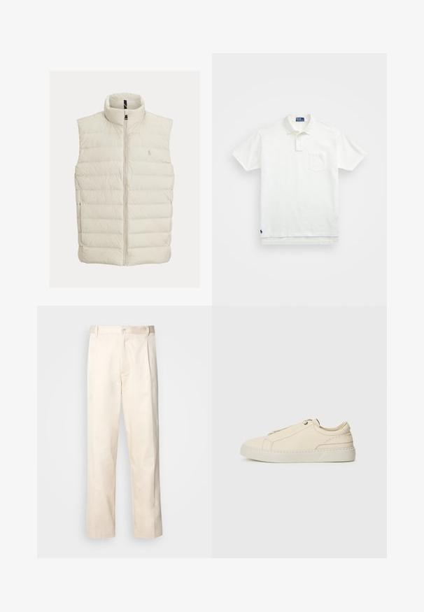 Puffer vest in off-white, featuring a high collar, front zipper, and sewn horizontal quilting. Embroidered logo on the chest.; White polo shirt made of cotton, featuring a classic collar, three-button placket, and a left chest pocket; small logo at the hem.; Beige cotton trousers with a straight-leg cut, featuring a button closure and pleats at the front for added detail.; Beige leather sneaker with a rounded toe, minimalistic design, subtle stitching details, and a textured upper, on a light sole.