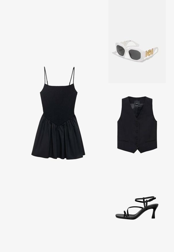 Mango JORDAN - Vesta - black; Černé šaty s nařaseným živůtkem a nastavitelnými ramínky. Sukně je nařasená, což vytváří rozšířený tvar. Hladká textura po celém povrchu.; Černé kožené sandály na podpatku s tenkými pásky, čtveratou špičkou a jehlovým podpatkem. Nastavitelný pás kolem kotníku pro lepší přizpůsobení. Hladký povrch.; Bílé osmihranné sluneční brýle s tmavými skly. Obsahují zlaté kovové detaily a texturovaný design na nožičkách.; Černá syntetická taška přes rameno s zakřivenou siluetou, strukturovaným povrchem, zlatým trojúhelníkovým logem a odnímatelnými kovovými akcenty.