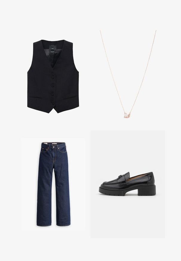 Mango JORDAN - Liivi - black; Vaaleansininen paita, joka on valmistettu kiiltävästä kankaasta. Siinä on klassinen kaulus, napitettava etuosa, puffihihat ja kerroksellinen, röyhelöreuna.; Tummansiniset suorat farkut, joissa on viisi taskua, oranssit saumat ja napituskaitale.; Mustapohjaiset nahkaloaferit, joissa on matala lohkarekorko, pyöristetty varvas, koristeellinen nauha ja teksturoitu ommel yläosassa. Sileä viimeistely.; Kulta ruusu -ketju, jossa on joutsen-riipus, koristeltu kirkkailla kristalleilla. Ketjussa on herkkä linkkimuotoilu.