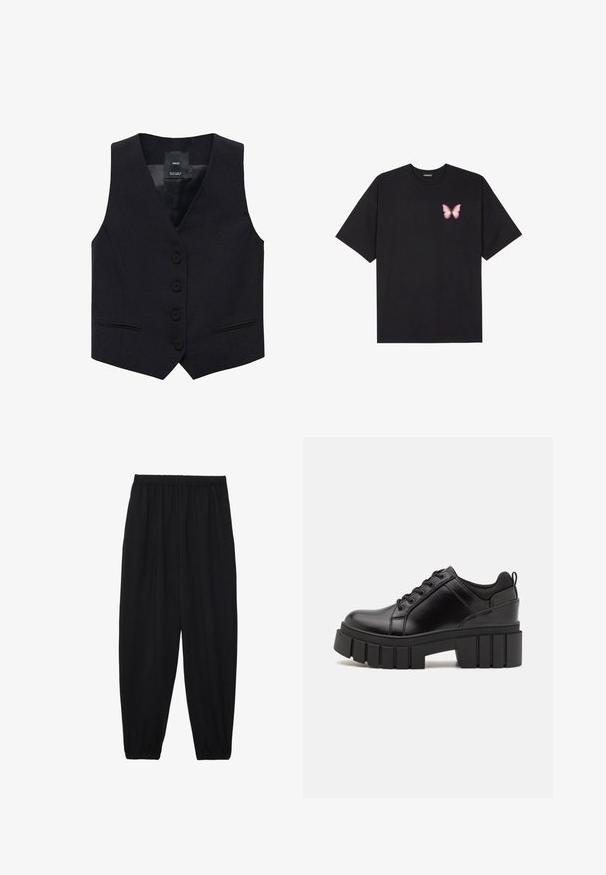 Mango JORDAN - Weste - black; Schwarzes Baumwoll-T-Shirt mit kurzen Ärmeln, das ein kleines pinkes Schmetterlingsmotiv auf der linken Brust zeigt. Crewneck-Design mit einem entspannten Schnitt.; Schwarze, leichte Hosen mit einem elastischen Bund und gerafften Knöcheln. Der Stoff ist glatt und hat ein entspanntes, schmal zulaufendes Design.; Schwarze Lederplateauschuhe mit klobigem Blockabsatz, runder Zehenpartie und traditionellem Schnürdesign. Verfügt über eine glatte Textur und minimale Details.