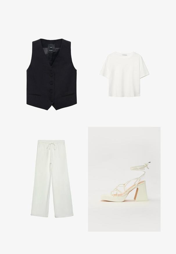 Mango JORDAN - Strukirani kaput - black; Bijela majica kratkih rukava od pamuka. Ima okrugli izrez i opušteni kroj. Glatka tekstura bez vidljivih uzoraka ili naglasaka.; Bijele hlače širokog kroja od mekog materijala. Imaju elastični pojas s vezicom i glatku teksturu. Nema vidljivih uzoraka ili metalnih dijelova.; Bijela sandala na visokoj potpetici s debelim petom, s remenom i vezanjem oko gležnja. Glatka tekstura s platformom sprijeda za dodatnu visinu.