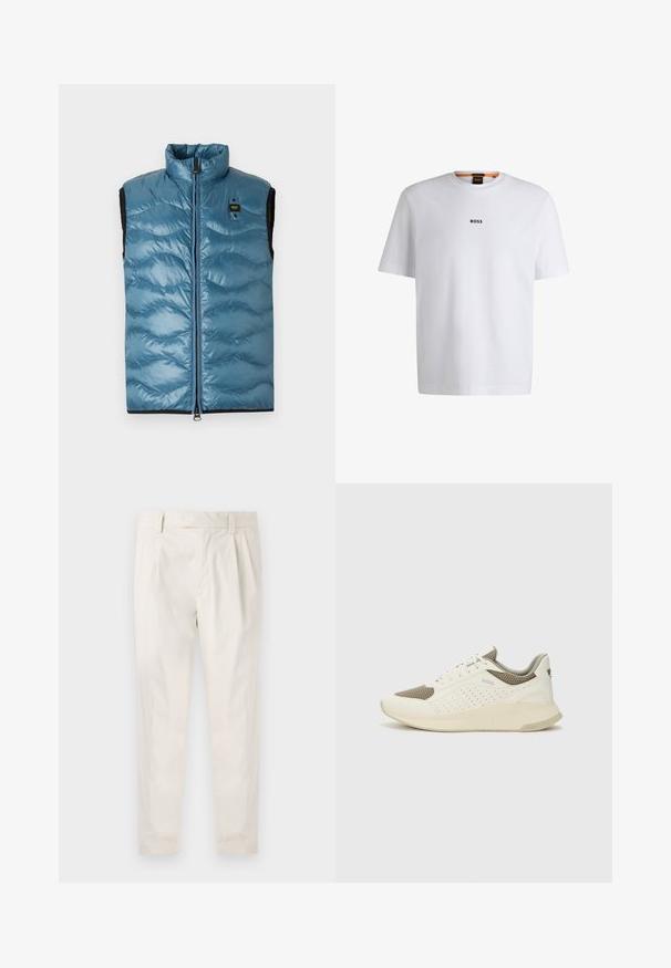 Lichtblauw puffervest met een staande kraag, voorrits en zwarte accenten; heeft een gewatteerde textuur en een klein merklabel.; Witte katoenen T-shirt met korte mouwen, voorzien van een zwart "BOSS"-logo in het midden van de borst en een ronde halsontwerp.; Witte, geplooide broeken met een getailleerde pasvorm, met een gladde textuur, riemlussen en taps toelopende benen. Geen zichtbare zakken of patronen.; Witte en lichtbeige sport sneaker, met een bovenwerk van mesh, geperforeerde details en een gestructureerde tussenzool met branding op de hiel.