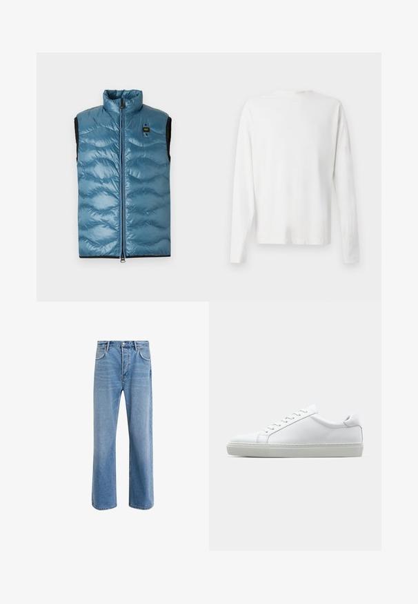 Lichtblauw puffervest met een staande kraag, voorrits en zwarte accenten; heeft een gewatteerde textuur en een klein merklabel.; Witte katoenen blouse met lange mouwen en een ronde halslijn, met zijsplitten aan de onderkant en een gladde textuur, vanuit de achterkant weergegeven.; Lichtblauwe denim jeans met een straight-leg ontwerp, vijf zakken, knoopsluiting, minimale vervaging en contrasterende stikseldetails.; Witte sneaker met een gladlederen bovenwerk en een laag profiel. Voorzien van een ronde neus, zes vetergaatjes en een gestructureerde rubberen zool.