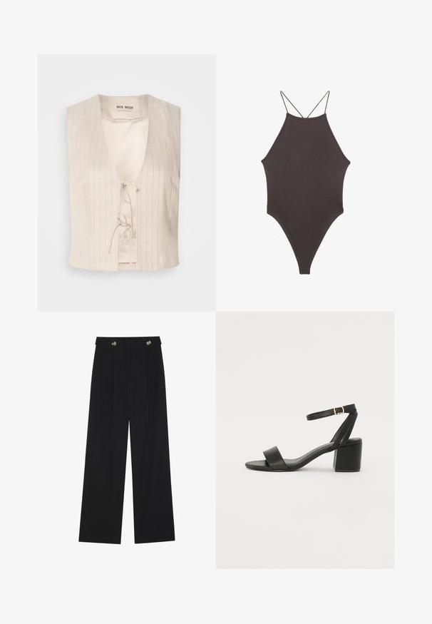 Bež bezrukavnik s V-izrezom i vezanjem. Ima suptilne vertikalne pruge i glatku podlogu. Mekani, lagani materijal.; Smeđi jednodijelni kupaći kostim s visokim ovratnikom i tankim, prilagodljivim trakama; ima visoko izrezane nogavice i glatku teksturu. Bez uzoraka ili dekoracija.; Crne hlače širokih nogavica s visokim strukom, s dugmadi na pojasu i prednjim nabora.; Crne sandale na visoku petu s glatkim kožnim gornjim dijelom, otvorenom kapicom, širokim prednjim trakama i podesivim remenom oko gležnja s detaljem zlatne kopče.