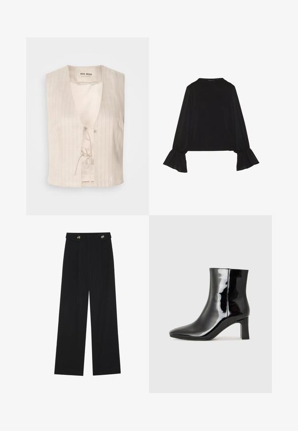 Ujjatlan krémszínű mellény V-nyakkal és megkötős záródással. Finom függőleges csíkokkal és sima bélés belsejében. Puha, könnyű anyag.; Fekete, hosszú ujjú felső, harang alakú mandzsettákkal, puha textúrával és laza szabással, egyszerű, kerek nyakkivágással.; Fekete, bő szárú nadrág magas derékkal, gombos részletekkel a derékrészen és elülső pliszékkal.; Fekete lakk bőrcipő bokáig érő, hegyes orral és közepes magasságú tömbsarokkal. Simább textúrával és minimalista dizájnnal rendelkezik.