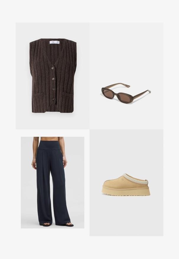 Brun ribbad stickad väst, ärmlös design, v-halsringning, femknapoptslning, två framfickor, texturerad tyg, enkel och modern stil.; Vitt stickat tröja med V-hals och långa ärmar. Har ett strukturerat diamantmönster och en liten logotyp på vänster bröst.; Vit ärmlös topp med justerbara band, figursydd design, mjuk tygtextur och rund halsringning. Inga mönster eller metalldetaljer.; En kvinna står i högmidjade, vida mörka byxor som hon har tillsammans med sandaler, vilket visar en bekväm och avslappnad stil.; Tannfärgad mockasinkänga utan snörning med vadderad krage och texturerad ljusblå detalj. Har en tjock, slitstark sula med mönstrad däck.; Bruna ovala solglasögon med mörka linser. Bågen har ett transparent brunt material och har en logotyp tryckt på stängerna.; Vävd beige tote-väska med en avslappnad design och ett enda axelband. Har ett texturerat mönster över hela ytan.