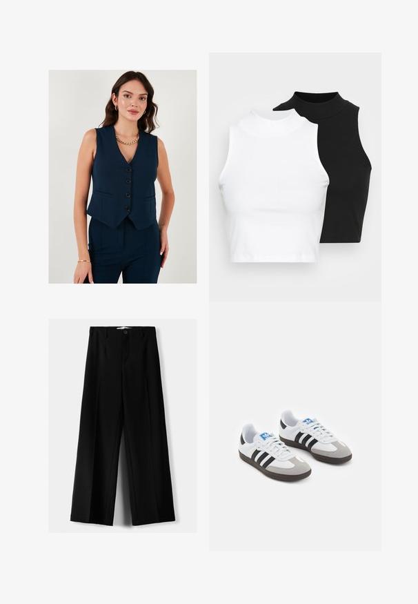 LELA SLIM FIT - Strukirani kaput - dark blue; Dvije bezrukavne rebraste majice s visokim ovratnikom u crnoj i bijeloj boji, s prilagođenim dizajnom i glatkom teksturom, te skraćenom dužinom.; Crne široke hlače izrađene od lagane tkanine, s prednjim zatvaranjem na dugme i ravnim prednjim dijelom, sa uredno šivenim rubovima.; Sportske cipele s gornjištem od bijele kože, sivi suedinasti nos i tri crne pruge. Imaju plavi logo na jeziku i teksturiranu gumenu podlogu.