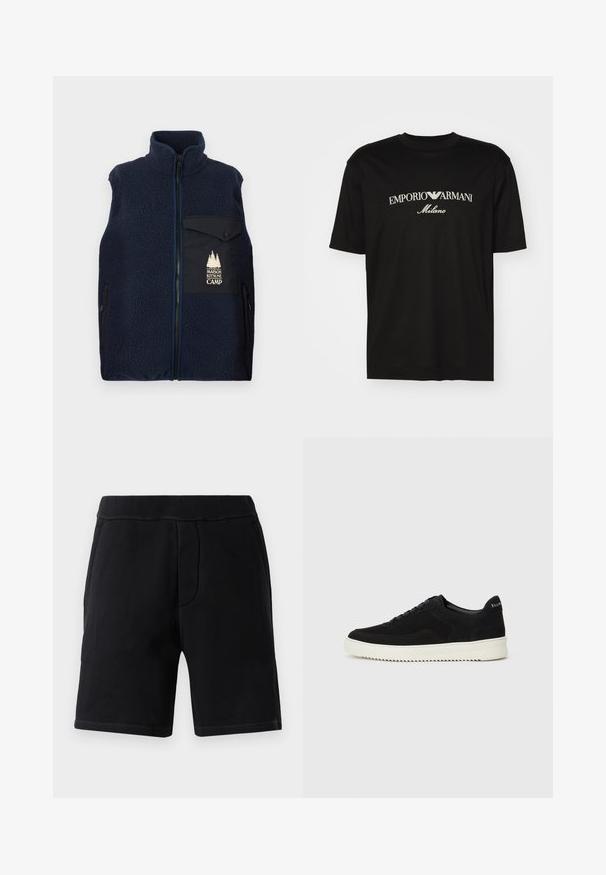 Mørkeblå fleecevest med høy krage, frontlås og en lomme på venstre bryst med en lys logo. Teksturert stoff og sidelommer.; Svart bomulls T-skjorte med rund hals, korte ermer og "EMPORIO ARMANI" logo i hvitt over "Milano" i en buet design.; Sorte treningsshorts laget av mykt materiale; har en elastisk midje, to sidelommer og kontraststing.; Svart semsket sneakers med snøring og kontrasterende hvit gummisåle. Har teksturerte sidepaneler og subtil merkevare på hælen.