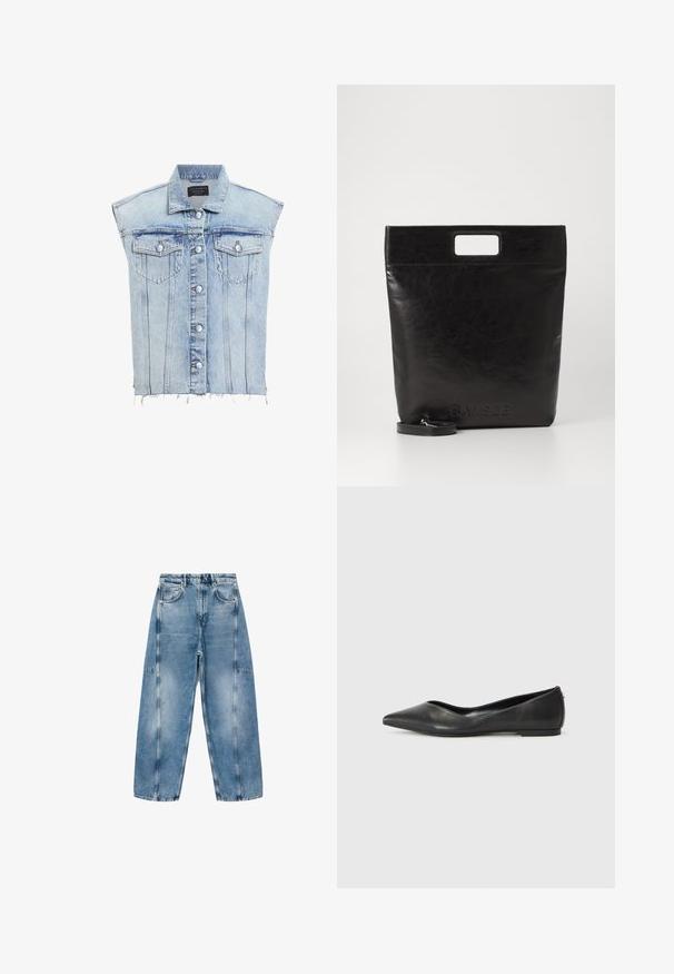 Svijetloplavi traper prsluk s kopčanjem na gumbi, dva džepa na prsima i raspucanom donjom ivicom. Ima klasičnu ovratnik i vertikalne šavove.; Bijela skraćena dukserica s dugim rukavima, ukrašena uzorkom lanca i srca od metalizirane niti uz izrez i ramena.; Svijetloplave traperice imaju opušteni kroj, velike džepove i kontrastne šavove. Tkanina ima izblijedjeli finiš s glatkom teksturom.; Crne kožne balerinke s nazupcanim prstom, niskom petom i glatkom teksturom. Minimalistički dizajn s suptilnim bočnim akcentom.; Crna kožna torba s kvadratnom drškom, s teksturiranim završetkom i utisnutim logotipom. Uključuje odvojivi remen.