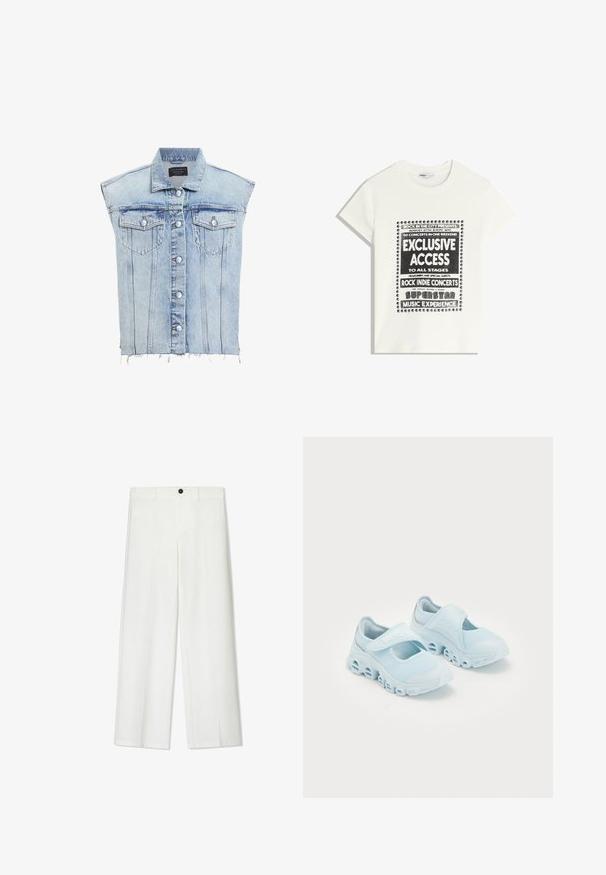 Svijetloplavi traper prsluk s kopčanjem na gumbi, dva džepa na prsima i raspucanom donjom ivicom. Ima klasičnu ovratnik i vertikalne šavove.; Bijela majica s crnim natpisom koja promiče glazbeni događaj, s natpisima "Ekskluzivni Pristup", "Rock Indie Koncerti" i "Superstar Glazbeno Iskustvo."; Bijele, široke hlače s glatkom teksturom, koje imaju prednje kopčanje na gumb i petlje za remen, krojene za opuštenu siluetu.; Svijetloplave tenisice s mrežastom tkaninom, istaknutim prorezima u potplatu i čičak trakom preko vrha za sigurno prianjanje.