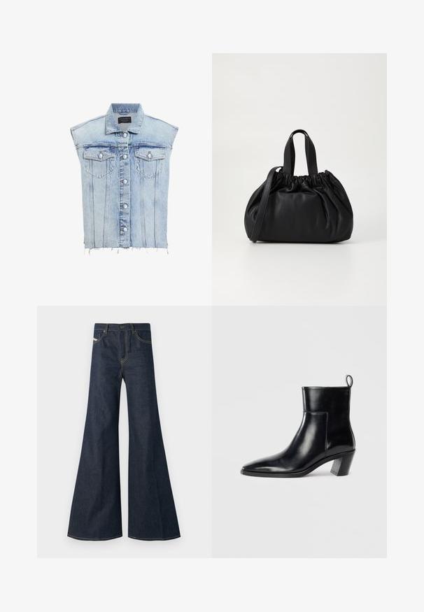 Ljusblå denimväst med knappstängning, två bröstfickor och fransad fåll. Har en klassisk krage och vertikala sömmar.; Ljusrosa linne gjort av mjukt, stretchigt material. Har en rund halsringning och smala axelband, med en slät yta och åtsittande form.; Mörkblå utsvängda jeans i denim med hög midja, gyllene sömnadsdetaljer och två framfickor med knäppning.; Svart läderankelboot med spetsig tå, geometrisk staplad klack och dragflik på baksidan. Slät textur och eleganta linjer.; Svart läderhandväska med en samlad toppdesign, som har två korta handtag och ett långt justerbart axelband. Slät textur, rund form.