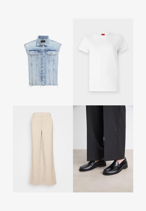 Šviesiai mėlynas džinsinis liemenė su sagų užsegimu, dviem krūtinės kišenėmis ir nusidėvėjusiu kraštu. Turi klasikinį apykaklę ir vertikalių siuvimo detalių.; Balta trumpo rank Sleeves marškinėliai, pagaminti iš lengvo medvilnės. Turi apvalų iškirpimą ir sukurtas rankoves. Raudonas logotipo ženklelis ant apykaklės.; Bežiniai plačios kojos kelnes su lygiu paviršiumi, turinčios aukštą liemenį ir dvi priekinės kišenes. Švarus dizainas su pritaikytu siluetu.; Juodi odiniai loaferiai su lygia apdaila, siuvinėjimu aplink pirštą ir žema gumine padu. Derinami su plačiomis juodomis kelnių.