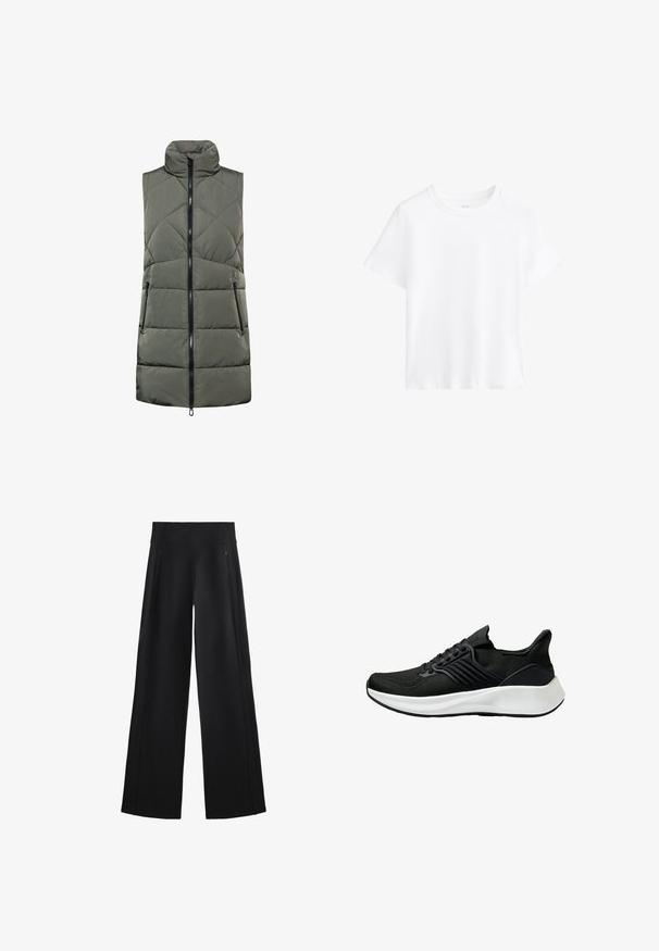 Připnutá vesta v olivově zelené barvě, s vysokým límcem a zipem vpředu, s diagonálně prošívaným vzorem a dvěma bočními kapsami.; Bílé bavlněné tričko, krátké rukávy, kulatý výstřih, uvolněný střih, hladká textura, bez vzorů nebo akcentů, jednoduchý design, univerzální styl.; Široké černé kalhoty z měkké tkaniny, s vysokým pasem a dvěma kapsami na zip, s jemnými švy po stranách.; Černá sportovní obuv s texturovaným svrchním materiálem, šněrovacím systémem a bílou mezipodrážkou. Má nízký profil a zakřivený design podešve.