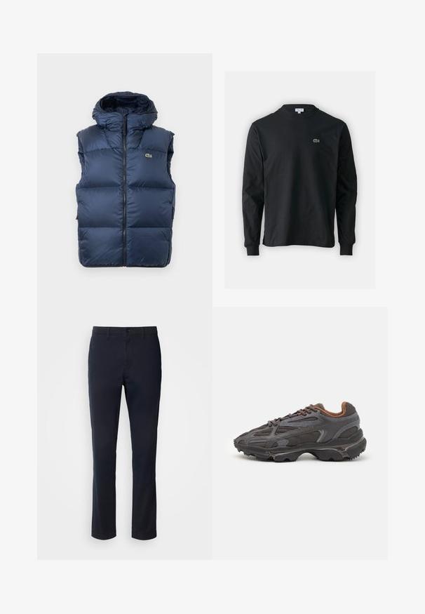 Tumši zila pūkainā veste ar kapuci, priekšpusē ar rāvējslēdzēju un nelielu zaļu krokodila logo uz krūšu daļas uz balta fona.; Melna garām piedurknēm t-krekls, izgatavots no kokvilnas, ar apaļu kakla izgriezumu un mazu zaļu izšūtu krokodila logo kreisajā krūtī.; Tumši zilie bikses, kas izgatavotas no gluda auduma, ar taisnām kājām, jostu cilpām un pogu aizdari ar rāvējslēdzēju.; Lacoste kedas tumši pelēkā krāsā ar acu audumu un sintētisko materiālu, ar teksturētu zoli un brūniem akcentiem apkaklītē un zīmola uzrakstā.