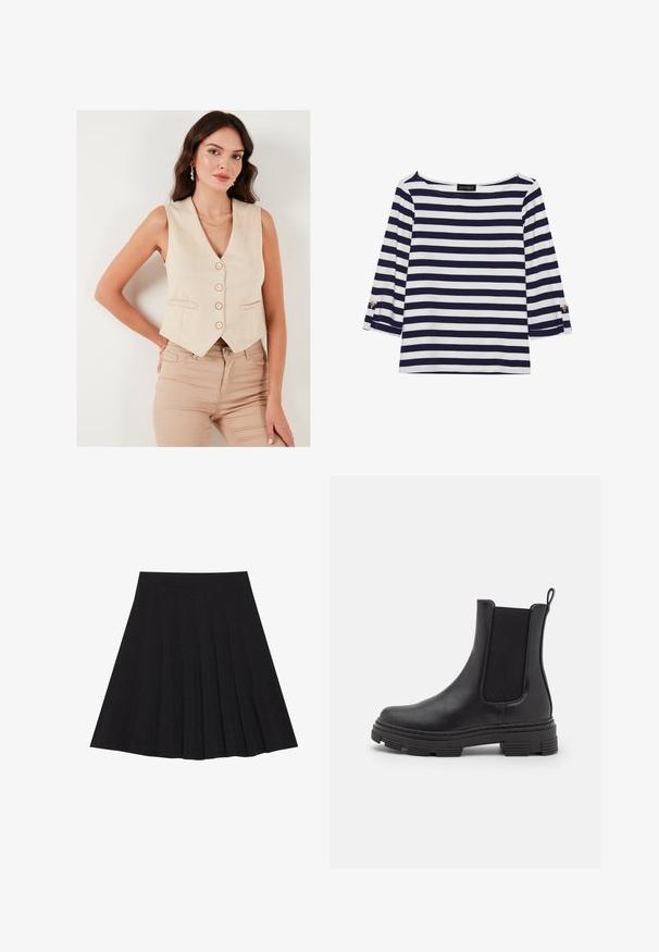 Smėlinis be rankovių liemenė su V formos dekoltė, penkiais mygtukais ir dviem priekinių kišenėmis, pagaminta iš lygios medžiagos, derinama su šviesiai smėlinėmis prigludusiomis kelnėmis.; Mėlynos ir baltos spalvos dryžuotas ilgomis rankovėmis marškinėliai su laiviniu kaklu ir auksiniais mygtukais sukeltose rankovėse. Minkšta medžiaga, laisvas siluetas.; Juoda plisėta sijonas, pagamintas iš tekstūruotos medžiagos su prigludusia juosmens juosta. Siekia kelių ilgį, turi sklandžią, švarią siluetą.; Juodos odinės kulkšninės botai su elastinėmis šoninėmis juostomis, apvalia nosimi ir tekstūruotu guminiu padu. Yra kilpa gale, skirta patogiam užsidėjimui.