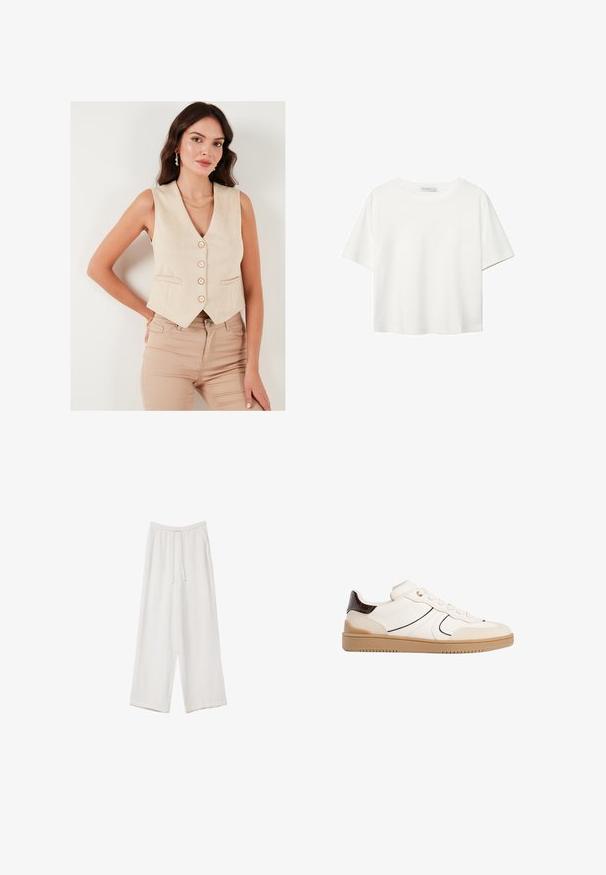 Beige ærmeløs vest med v-hals, fem knapper og to frontlommer, lavet af glat stof, parret med let beige tætsiddende bukser.; Hvid kortærmet t-shirt lavet af bomuld. Har en rund halsudskæring og en afslappet pasform. Glat tekstur uden synlige mønstre eller detaljer.; Hvide bukser med bred benlængde lavet af et letvægtsstof. Har et elastisk talje med snor og sidelommer. Glat tekstur.; Stradivarius Sneakers - white