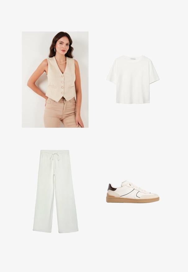 Beige ærmeløs vest med v-hals, fem knapper og to frontlommer, lavet af glat stof, parret med let beige tætsiddende bukser.; Hvid kortærmet t-shirt lavet af bomuld. Har en rund halsudskæring og en afslappet pasform. Glat tekstur uden synlige mønstre eller detaljer.; Hvide bukser med bred ejer lavet af blødt stof. Har en elastisk talje med snor og en glat tekstur. Ingen synlige mønstre eller hardware.; Stradivarius Sneakers - white