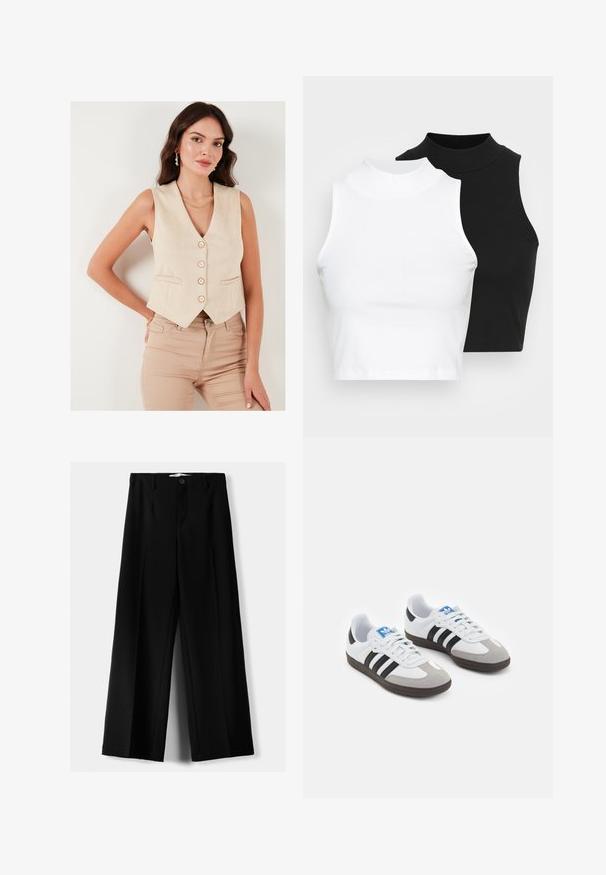 Beige sleeveless vest with a v-neck, five buttons, and two front pockets, made of smooth fabric, paired with light beige fitted pants.; Two sleeveless ribbed turtleneck tops in black and white, featuring a fitted design and smooth texture, with cropped length.; Black wide-leg trousers made of lightweight fabric, featuring a front button closure and flat front, with neatly stitched hems.; Sport shoes with a white leather upper, gray suede toe, and three black stripes. Features a blue logo on the tongue and a textured rubber sole.