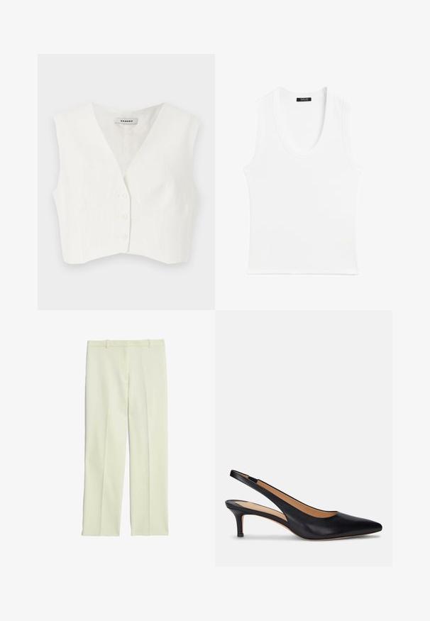 Weißes Cropped-Top mit V-Ausschnitt, zwei frontalen Taschen, fünf Knöpfen und vertikalen strukturierten Streifen. Hergestellt aus einem glatten, leichten Stoff.; Weißes ärmelloses Tanktop mit rundem Halsausschnitt, aus geripptem Material; einfaches Design ohne Muster oder Verzierungen.; Cremefarbene, maßgeschneiderte Hosen mit geradem Schnitt, flachem Front, Gürtelschlaufen und glatter Oberfläche.; Schwarzer Leder Slingback-Pump mit spitzer Zehenform, niedrigem Kitten-Absatz und glatter Oberfläche. Verfügt über ein offenes Rückendesign und minimale Nahtdetails.
