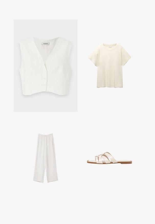 Biely krátky top s véčkovým výstrihom, dvoma prednými vreckami, piatimi gombíkmi a vertikálnymi textúrovanými pruhmi. Vyrobený z hladkej, ľahkej tkaniny.; Svetlo béžové tričko s krátkym rukávom a okrúhlym výstrihom, vyrobené z jemnej, hladkej tkaniny. Má voľný strih a rovný lem.; Biele široké nohavice vyrobené z ľahkej tkaniny. Obsahujú elastický pás so sťahovacou šnúrkou a bočné vrecká. Hladká textúra.; Ploché sandále s hnedou gumovou podrážkou, navrhnuté s tromi prekrývajúcimi sa bielymi koženými popruhmi a malou mašličkou uprostred.