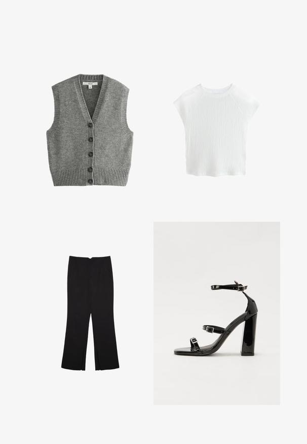 Next REGULAR FIT szary; Biały, teksturowany top z krótkim rękawem i okrągłym dekoltem oraz rękawami raglanowymi, z delikatnym wzorem fali i lekkim materiałem.; Czarne spodnie o prostym kroju, z przednimi kieszeniami i bocznymi rozcięciami na dole. Wykonane z miękkiego, gładkiego materiału. Odpowiednie na różne okazje.; Czarne lakierowane sandały na obcasie z kwadratowym noskiem, z paskami wokół kostki i srebrnymi klamrami. Posiadają masywny słupek dla stabilności.