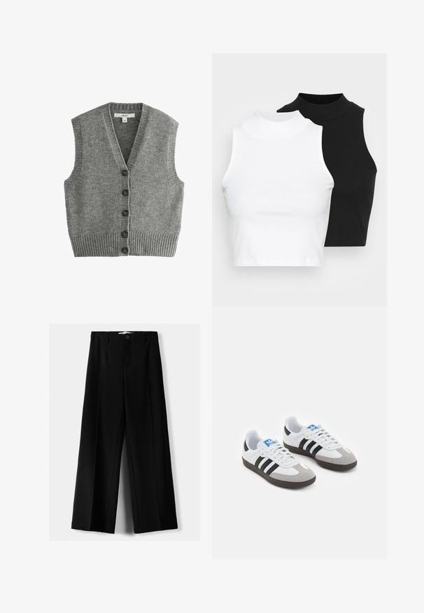 Next BUTTON FRONT TANK - REGULAR FIT - Vestă - grey; Două bluze fără mâneci, cu guler înalt, în culorile negru și alb, având un design ajustat și o textură netedă, cu o lungime scurtă.; Pantaloni negri cu picior larg, fabricați dintr-un material ușor, cu închidere frontală cu nasture și față plată, având tivuri cusute cu atenție.; Încălțăminte sport cu un superior din piele albă, vârf din suede gri și trei dungi negre. Prezintă un logo albastru pe limbă și o talpă din cauciuc texturat.