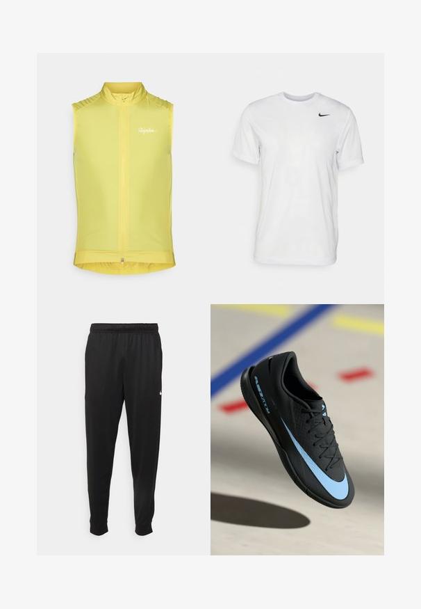 Bezrukávová cyklistická vesta v jasne žltej farbe, s predným zipsom, vysokým golierom a nenápadným logom. Hladký, ľahký materiál s priliehavým strihom.; Biela krátka tričko s krátkymi rukávmi vyrobené z hladkej látky. Má okrúhly výstrih a malé čierne logo Nike na ľavej hrudi.; Čierne športové nohavice z hladkej tkaniny, s elastickým pásom, zužujúcimi sa nohavicami a malým bielym logom na ľavej strane.; Čierne športové topánky s modrými akcentmi, textúrovaný povrch, dizajn na šnurovanie a charakteristické logo Nike. Gumová podrážka s gripovými vzormi.