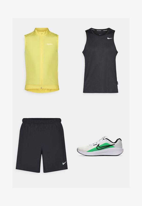Hihaton pyöräilyliivi kirkkaan keltaisena, jossa on edessä vetoketju, korkeahko kaulus ja huomaamaton logo. Sulava, kevyt materiaali ja istuva muotoilu.; Musta hihaton urheilullinen toppi, joka on valmistettu sileästä materiaalista, jossa on teksturoitu kuvio ja pieni valkoinen Nike-logo rintakehässä.; Mustat urheilushortsit, jotka on valmistettu kevyestä materiaalista ja joissa on joustava vyötärö. Alareunassa vasemmalla puolella on pieni valkoinen Nike-logo.; Valkoinen urheilukenkä, jossa on vihreä yksityiskohta, musta logo, verkkomateriaali päälliosassa, pehmustettu pohja ja pyöreä korko. Sisältää nauhat ja kontrastiväriä.