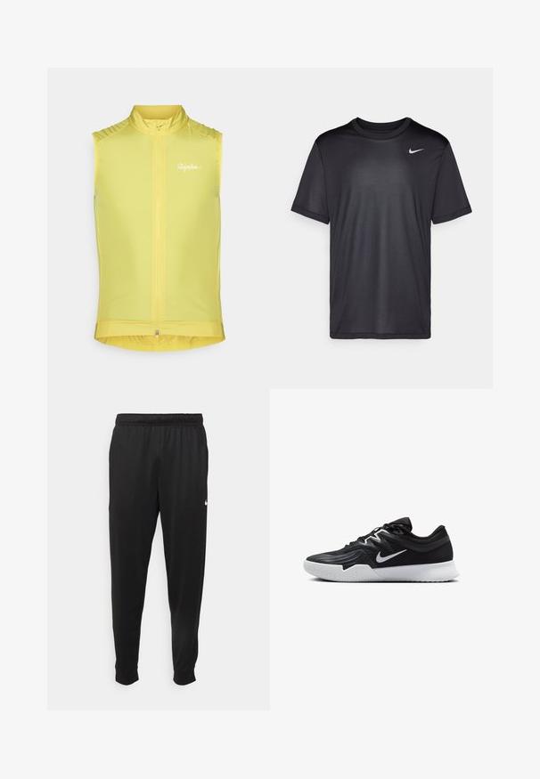 Ärmellose Radfahrtweste in leuchtendem Gelb mit einem Frontreißverschluss, hohem Kragen und dezentem Logo. Glattes, leichtes Material mit tailliertem Design.; Schwarzes Sport-T-Shirt mit kurzen Ärmeln, Rundhals, aus glattem Stoff. Besitzt ein kleines weißes Nike-Logo auf der oberen linken Seite.; Schwarze Sporthosen aus glattem Stoff, mit einem elastischen Bund, schmal zulaufenden Beinen und einem kleinen weißen Logo auf der linken Seite.; Schwarzer Sportschuh mit strukturiertem Obermaterial, weißem Nike-Warenzeichen und einer weißen Gummisohle. Verfügt über ein Schnürdesign und eine dynamische Form.