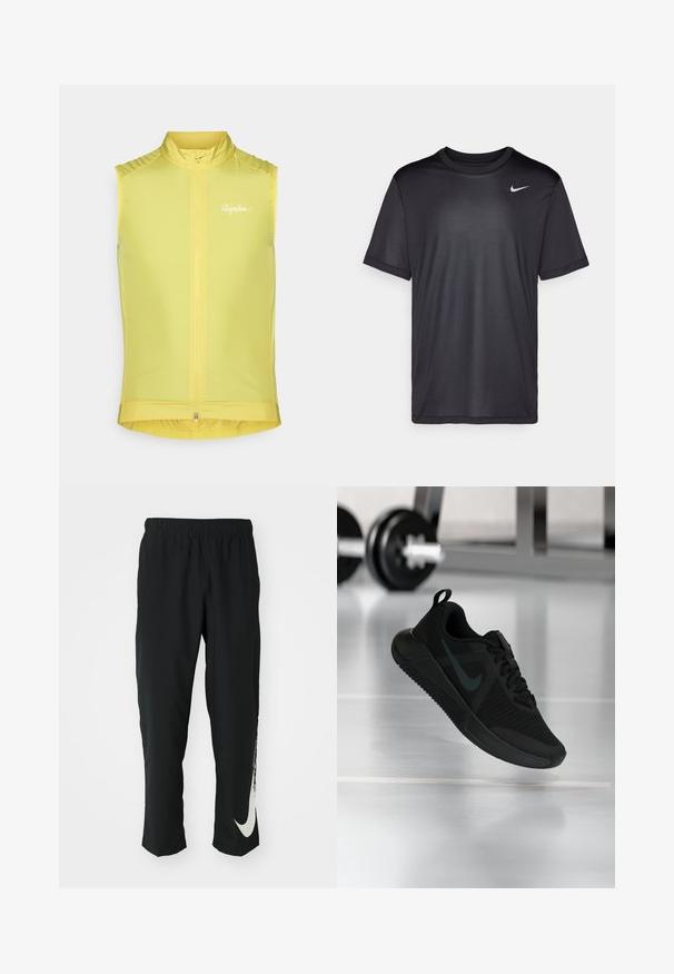 Sleeveless cycling vest in bright yellow, featuring a front zipper, high collar, and subtle logo. Smooth, lightweight material with a fitted design.; Black athletic t-shirt with short sleeves, round neck, made of smooth fabric. Features a small white Nike logo on the upper left.; Black athletic pants with elastic waistband, tapering design, featuring a large white Nike logo on the left leg. Soft, lightweight fabric.; Black athletic shoe with a textured mesh upper, rubber sole, and a prominent dark swoosh logo. Features a padded collar and lace-up design.