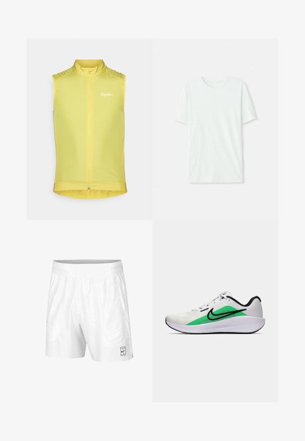 Gilet da ciclismo senza maniche di un brillante colore giallo, con una cerniera frontale, colletto alto e logo discreto. Materiale liscio e leggero con un design aderente.; T-shirt corto a maniche corte di un leggero verde menta, realizzato in tessuto morbido. Presenta un colletto a girocollo e una silhouette semplice e dritta senza decorazioni.; Pantaloni sportivi bianchi realizzati in tessuto leggero con vita elastica, dotati di due tasche laterali e un piccolo logo nero sull'orlo.; Scarpa da ginnastica bianca con un accento verde, logo nero, tomaia in rete, suola ammortizzata e tacco arrotondato. Presenta lacci e dettagli a contrasto.