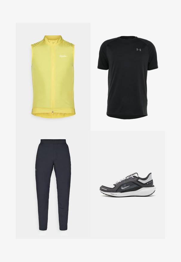 Gilet de cyclisme sans manches en jaune vif, avec une fermeture éclair avant, un col haut et un logo discret. Matière lisse et légère avec une coupe ajustée.; T-shirt de sport noir à manches courtes, fabriqué dans un tissu lisse et léger. Il présente un col rond et un logo discret sur la poitrine.; Pantalons de sport noirs avec une texture lisse, coupe slim, taille élastique et poches latérales. Présente un petit logo sur la cuisse gauche.; Baskets de sport noires et grises avec un empeigne en maille, des accents réfléchissants et un intermédiaire blanc. Comprend une semelle extérieure en caoutchouc texturé et des lacets.