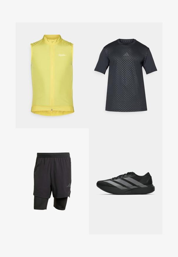 Küljedeta jalgrattavest erksa kollase värviga, millel on ees tasku, kõrge krae ja diskreetne logo. Sile ja kergest materjalist, millel on istuv disain.; Musta lühikeste varrukatega särk, millel on ees tekstureeritud geomeetriline muster ja siledad seljaosa, valmistatud kergest ja hingavast materjalist.; Mustavad sportlikud lühikesed püksid integreeritud sisekihiga, valmistatud hingavast kangast. Omab diskreetset logo ja struktureeritud tekstuuri. Reguleeritav vöökoht.; Must have mustangid! Need light and trendy athletic shoes? These black sneakers have a streamlined design featuring three large hallal gray stripes. Their smooth texture and ergonomically contoured sole provide ultimate comfort.