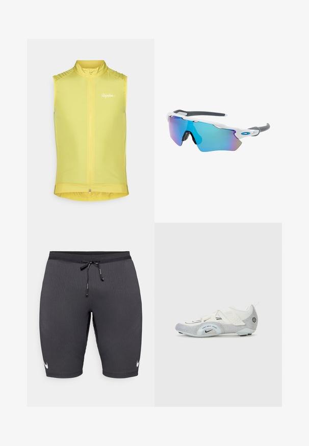 Bežėrė dviračių liemenė ryškiai geltonos spalvos, su priekiniais užtrauktukais, aukšta apykakle ir subtiliu logotipu. Lygus, lengvas audinys su prigludusia forma.; Balta be rankovių Nike bėgimo marškinėliai su apvaliu kaklu, lygiu paviršiumi ir juodu Nike logotipu viršutinėje kairėje krūtinės pusėje.; Juodi sportiniai šortai iš vagotų audinio, su raištelių liemeniu ir mažuoju baltu Nike logotipu kairėje pusėje.; Balti ir sidabriniai dviratininko batai su tinklelio viršumi, tekstūruotais akcentais, reguliuojamais dirželiais ir guminėmis padangomis, užtikrinančiomis sukibimą ir stabilumą.; Akiniai nuo saulės su balta rėmeliu, pilkų akcentų ir mėlynais veidrodiniais objektyvais. Sportiškas dizainas, aplink galvą prilipusios formos ir reguliuojamos nosies pagalvėlės.