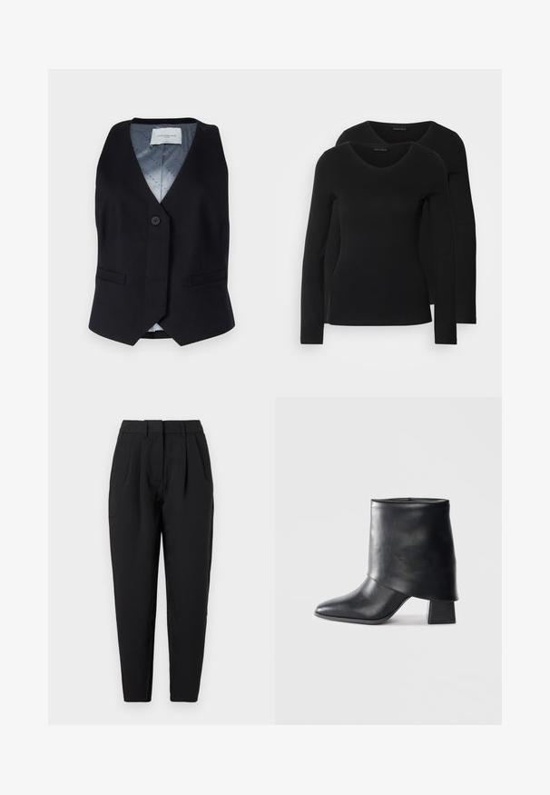 Black sleeveless vest with a V-neck design, single button closure, and two front pockets. Smooth gray lining features a dotted pattern.; Two black long-sleeve shirts with a V-neck design, made of soft, stretchy fabric, showing smooth texture and a fitted shape.; Black trousers with a straight fit, featuring pleats at the front, a smooth texture, and side pockets. The waistband is standard height.; Black leather ankle boot with a pointed toe, smooth texture, and a structured block heel. Features a high, folded cuff design.