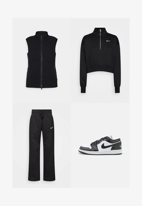 Zwarte fleec vest met hoge kraag, volledige rits aan de voorkant en twee zijzakken. Gestructureerde stof met een gladde afwerking en zonder mouwen.; Zwarte cropped sweatshirt met een hoge kraag, halve rits, geribde manchetten en een klein wit Nike-logo op de linkerkant van de borst. Zachte stoffen textuur.; Zwarte sweatpants van een katoenmix, voorzien van een tailleband met koord, rechte pijpen, en een wit Nike-logo aan de linkerzijde.; Zwart-witte Nike lage sneakers hebben een glad leren bovenwerk, een ronde neus, vetersluiting en een gestippelde rubberen zool.
