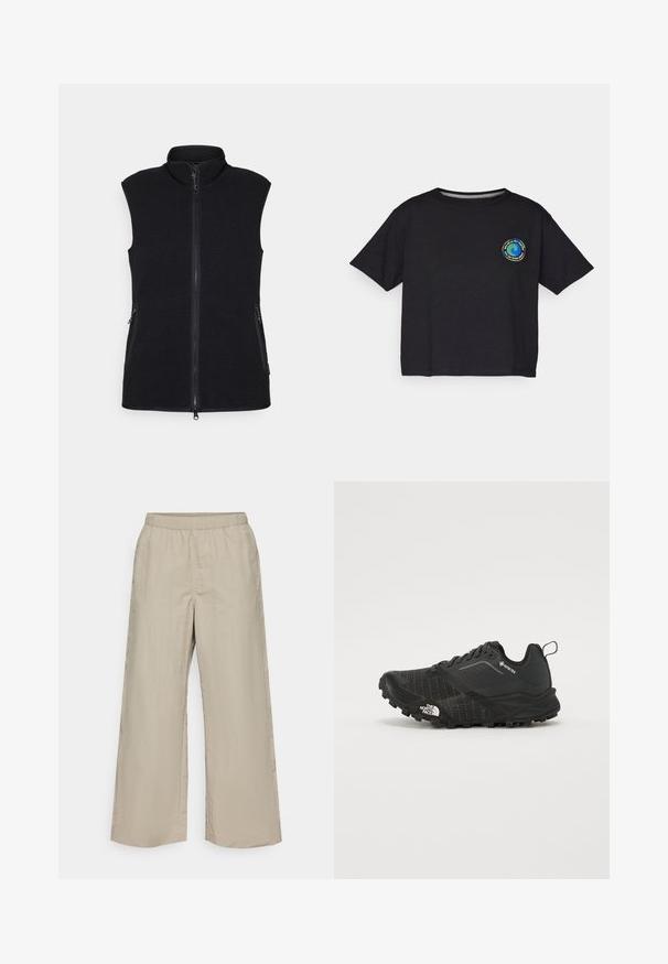 Melnas vilnas veste ar augstu apkakli, pilnu priekšējo rāvējslēdzēju un divām sānu kabatām. Tekstūrēts audums ar gludu virsmu un bez piedurknēm.; Melnas kokvilnas T-krekls ar īsām piedurknēm, kuram uz krūtīm ir apaļa krāsaina emblēma. Taisnā apakšmalā un brīvā piegriezumā.; Platām kājām bikses gaiši bežā audumā ar elastīgu jostasvītru, gludu tekstūru un bez redzamām detaļām vai rakstiem.; Melnas sporta kurpes ar strukturētu augšdaļu, kurām ir auklas un gumijas zole. Izceļas ar pastiprinātu papēdi un logotipu sānos.