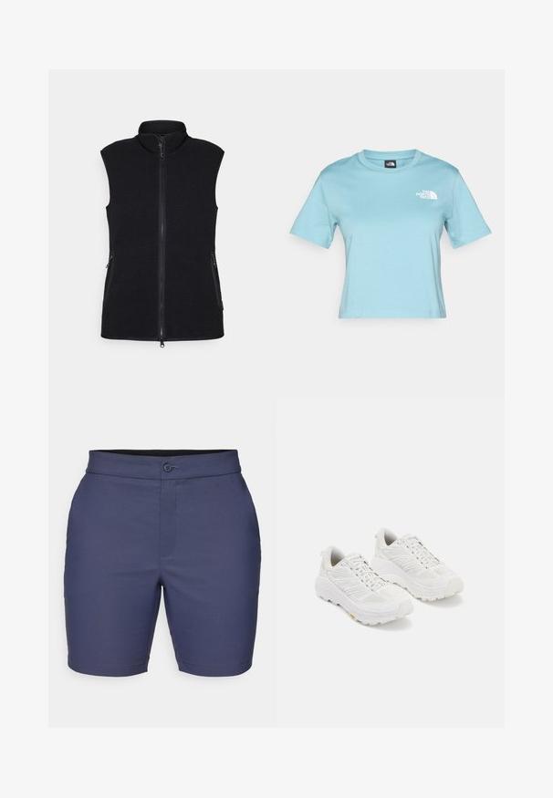 Black fleece vest with high collar, full front zipper, and two side pockets. Textured fabric with a smooth finish and no sleeves.; Light blue cotton T-shirt with short sleeves and a crew neckline. Features a small white logo on the chest and a relaxed fit design.; Navy blue shorts made of smooth fabric, featuring a button closure, belt loops, and a tailored fit with a clean hemline.; White athletic shoes featuring a mesh upper, reinforced toe, thick cushioned sole, and textured tread pattern for grip.