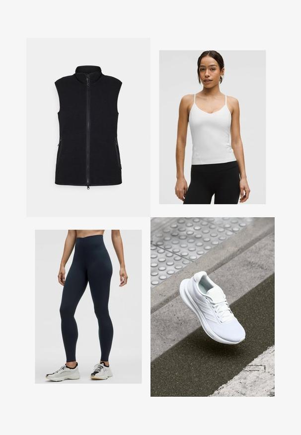 Must värviline fliisvest kõrge kaelusega, täispikk lukuga ja kahe küljetaskuga. Tekstureeritud kangas siledast viimistlusest ja ilma varrukateta.; Valge kampsun peenikeste rihmadega, V-kujuline kaelus ja keha lähedane siluett. Sile tekstuur, minimaalne detailitus, kanda mustade retuusidega.; Kõrgema vöökohaga tumesinised legginsid, mis on valmistatud venivast kangast, omavad siledat tekstuuri ja liibuvat disaini. Kantud valgete ja mustade spordijalatsitega.; Valge sportlik king, millel on pehme võrkkangast pealis, nööriga kinnitus ja tekstureeritud tallad. Õrnad brändimistooted ja sujuvad konstruktsioonid on nähtavad.