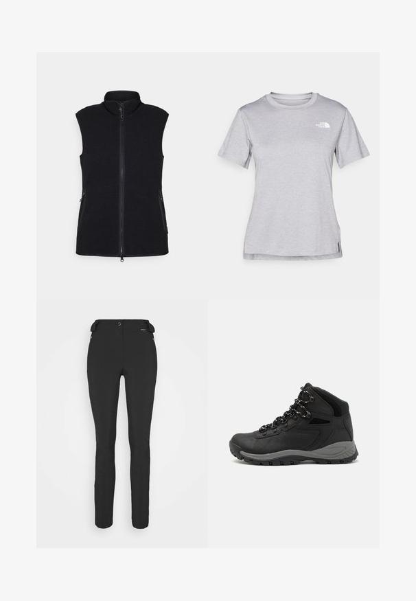Črn flis brezrokavnik z visokim ovratnikom, polno zadrgo spredaj in dvema stranskima žepoma. Teksturovan material z gladko površino in brez rokavov.; Siva kratka majica s kratkimi rokavi, izdelana iz mehkega, vlago odvračajočega materiala. Ima okroglo izrez in majhen bel logotip na zgornji levi strani.; Črne prileganje hlače, izdelane iz fleksibilnega materiala. Značilnosti vključujejo žep z zadrgo na strani, artikulirana kolena in gladko teksturo.; Črne pohodniške čevlje z srednje visokim dizajnom, ki imajo teksturirano zgornji del, sivi dodatki in vzdržljiv gumen podplat s protizdrsnimi izboklinami.