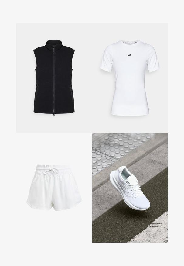 Črn flis brezrokavnik z visokim ovratnikom, polno zadrgo spredaj in dvema stranskima žepoma. Teksturovan material z gladko površino in brez rokavov.; Bela športna majica s kratkimi rokavi, narejena iz gladkega, elastičnega materiala. Na prsih ima majhen črn logotip Adidas.; Bela športna kratka hlače z elastičnim pasom in nastavljivim vrvico. Narejena iz lahkega materiala, z bočnimi žepi in ohlapnim prilegajočim se krojem.; Bela športna čevelj z zgornjim delom iz mrežastega materiala, vezalnim oblikovanjem in teksturiranim podplatom. Opazne so subtilne znamke in brezšivne konstrukcijske podrobnosti.