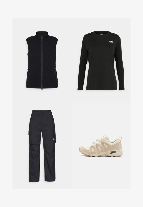 Chaleco de forro polar negro con cuello alto, cremallera frontal completa y dos bolsillos laterales. Tejido texturizado con un acabado liso y sin mangas.; Camiseta de manga larga negra de algodón con cuello redondo. Presenta un pequeño logotipo blanco en la parte izquierda del pecho. Diseño y ajuste simples.; Pantalones cargo de nailon negro con cremallera desmontable, puños ajustables, múltiples bolsillos y un logotipo en la pierna derecha. Textura suave y ligera.; Zapatilla deportiva beige y crema con parte superior de malla texturizada, superposiciones de soporte y suela de goma con un patrón de tracción.