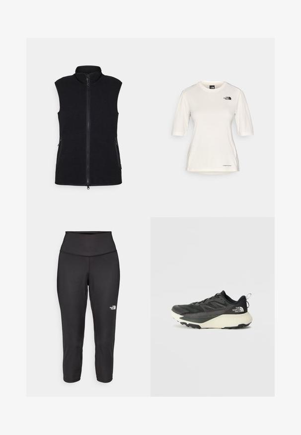 Črn flis brezrokavnik z visokim ovratnikom, polno zadrgo spredaj in dvema stranskima žepoma. Teksturovan material z gladko površino in brez rokavov.; The North Face SHADOW SHORT SLEEVE - Športne majice - white dune; Črne capri legice iz raztegljive tkanine, z visokim pasom in majhnim belim logotipom na levi strani. Gladka tekstura.; Črne atletske čevlje z teksturiranim zgornjim delom, ki imajo sivo obrobo in belo srednjo podplat. Vključujejo zanko za vprego in izstopajočo blagovno znamko na peti.