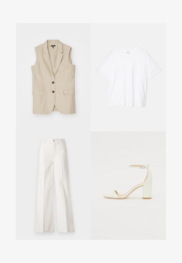 Blazer beige sem mangas com dois bolsos frontais, três botões pretos, lapelas dentadas e uma abertura nas costas. Textura de tecido suave.; T-shirt de algodão branco com mangas curtas, decote redondo, corte descontraído e bainha cosida. Etiqueta visível no interior do pescoço.; Calças largas brancas feitas de algodão com uma textura suave. Apresenta um botão frontal, fecho de correr e um design de quatro bolsos.; Sandal de bloco em pele branca, apresentando uma correia no tornozelo com fivela e um design minimalista. Com biqueira aberta e texturas suaves ao longo de toda a peça.