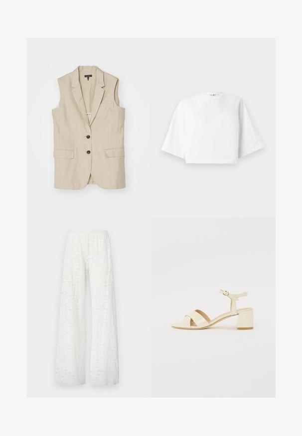 Bež prsluk bez rukava s dva prednja džepa, tri crna dugmeta, izrezanim reverom i jednim otvorom na leđima. Glatka tekstura tkanine.; Bijela skraćena majica s opuštenim krojem, kratkim širokim rukavima, okruglim izrezom i bočnim prorezima, izrađena od mekanog pamučnog materijala.; Bijele hlače širokih nogavica s elastičnom gumicom u struku, s teksturiranim, cvjetnim čipkastim uzorkom kroz cijelu tkaninu.; Bež sandale od lakirane kože na visokoj peti s dizajnom preklopnog remena, otvorenim prstima, podesivim remenom oko gležnja i blok petom. Glatka tekstura.