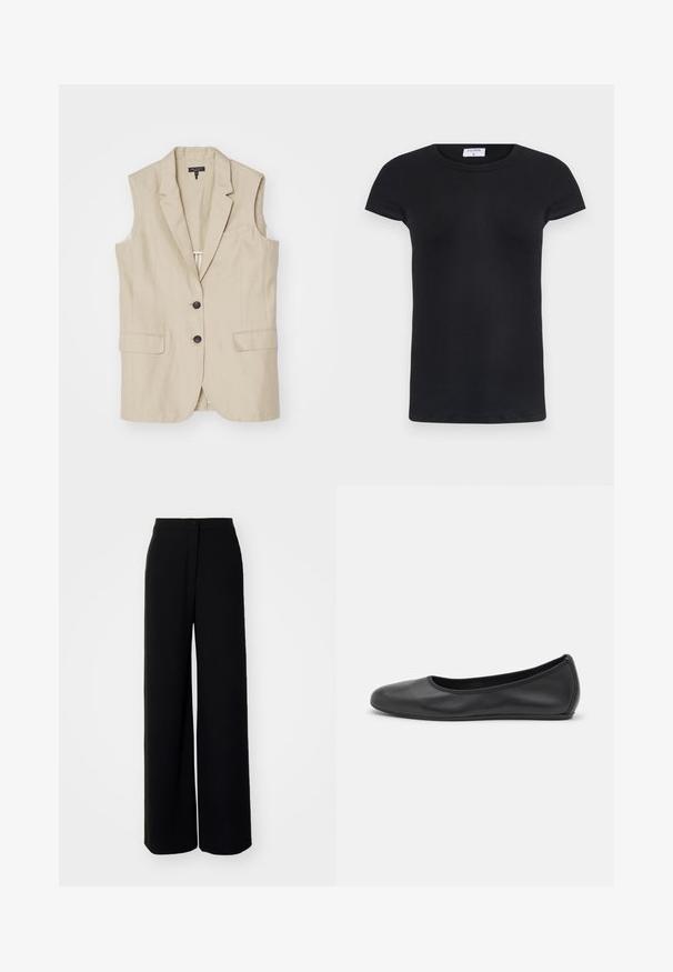 Beige sleeveless blazer with two front pockets, three black buttons, notched lapels, and a single back vent. Smooth fabric texture.; Black ribbed T-shirt with a round neckline and short sleeves. Soft fabric with a fitted shape, featuring a label at the neck.; Black wide-leg trousers with a high waist, smooth fabric, front button closure, and no visible pockets, featuring a tailored fit.; Black leather ballet flat with a rounded toe, smooth texture, minimal stitching detail, and a flexible sole design.