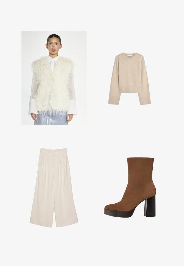 Glamorous Vest - cream; Beige cropped sweater lavet af blød strik. Har rund halsudskæring, lange ærmer samt ribbede manchetter og kant for ekstra tekstur.; Lette beige bredde ben bukser i linned med plisseret design og elastisk talje for komfort og nem påklædning.; Brune ruskind ankelstøvle med en rund tå, kraftig sort stribet hæl og en glat overflade. Den har et tætsiddende design uden synligt hardware.