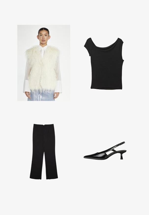 Glamorous Vest - cream; Sort kortærmet top lavet af glat stof; har en draperet halsudskæring og en asymmetrisk kant, med en tætsiddende pasform.; Sorte bukser med lige pasform, der har frontlommer og slidser i kanten. Lavet af blødt, glat stof. Velegnet til forskellige anledninger.; Sorte patentlæder slingback hæle med spids tå, udskåret sideskærm og en lille firkantet hæl. Glat tekstur med minimale detaljer.