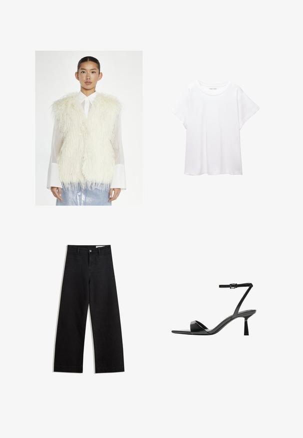 Glamorous Liivi - cream; Valkoinen T-paita, joka on valmistettu pehmeästä ja kevyestä kankaasta. Omistaa pyöreän kaula-aukon ja lyhyet, leveät hihat rentoa istuvuutta varten. Ei näkyviä kuvioita.; Mustat leveät farkut korkealla vyötäröllä, joissa on etu- ja takataskut, ommellut saumat ja nappisuljenta. Silkinoinen rakenne.; Bershka Korolliset sandaalit - black